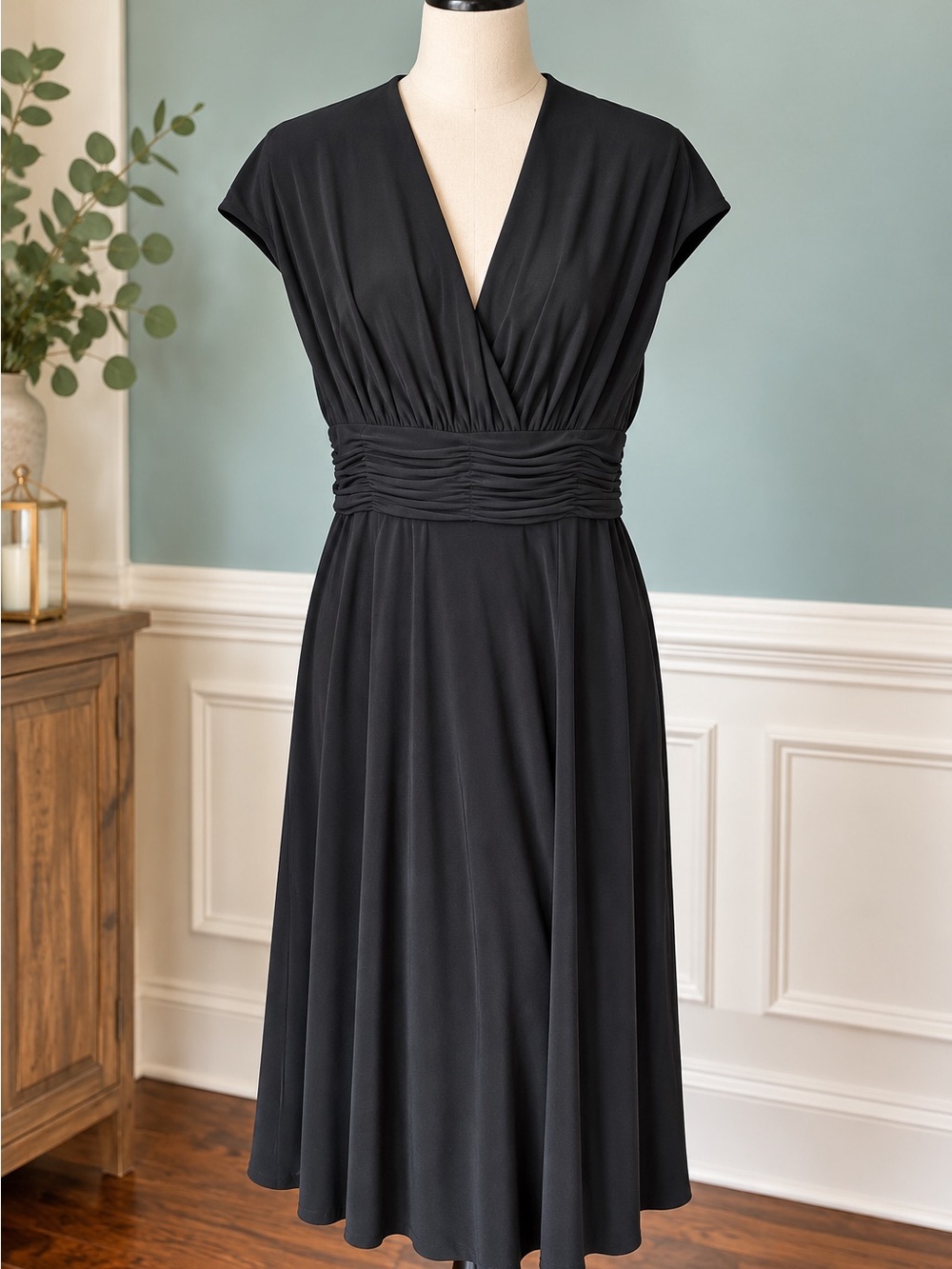 Evan Picone Black V-Neck Ruched-Waist Midi Dress cocktail dress